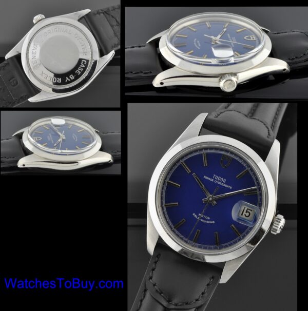 1970s Tudor Prince Oysterdate stainless steel watch with original refinished custom deep-blue dial, markers, hands, and black inset.