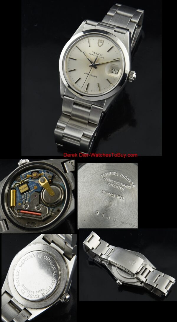 1980s Tudor 34mm Quartz stainless steel watch with original Rolex Oyster case, winding crown, bracelet, silver dial, and reliable movement.