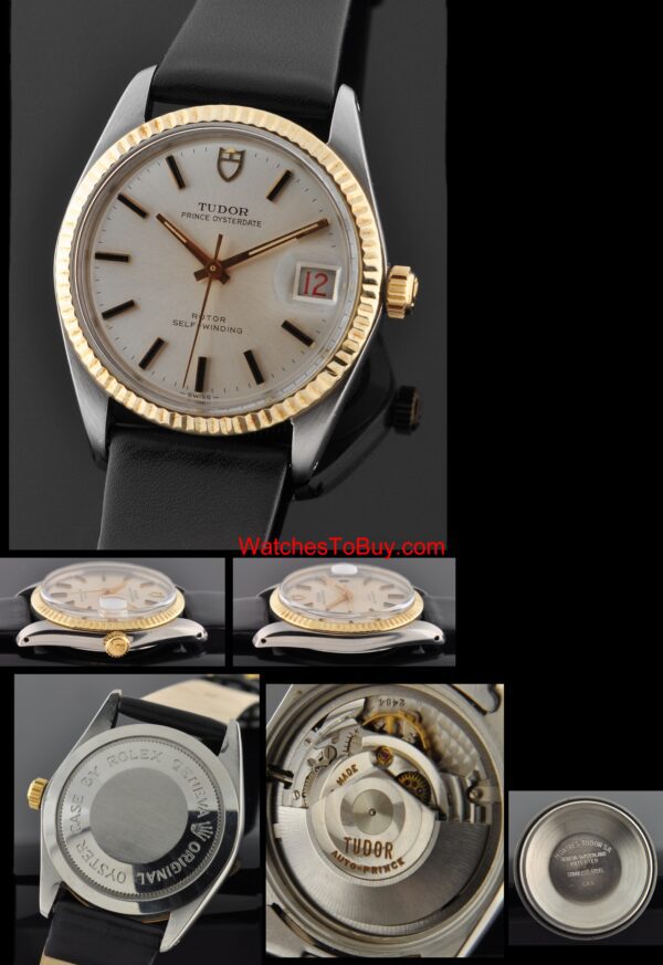 Tudor Prince Oysterdate stainless steel watch with original solid-gold bezel, Rolex winding crown, and cleaned automatic winding movement.