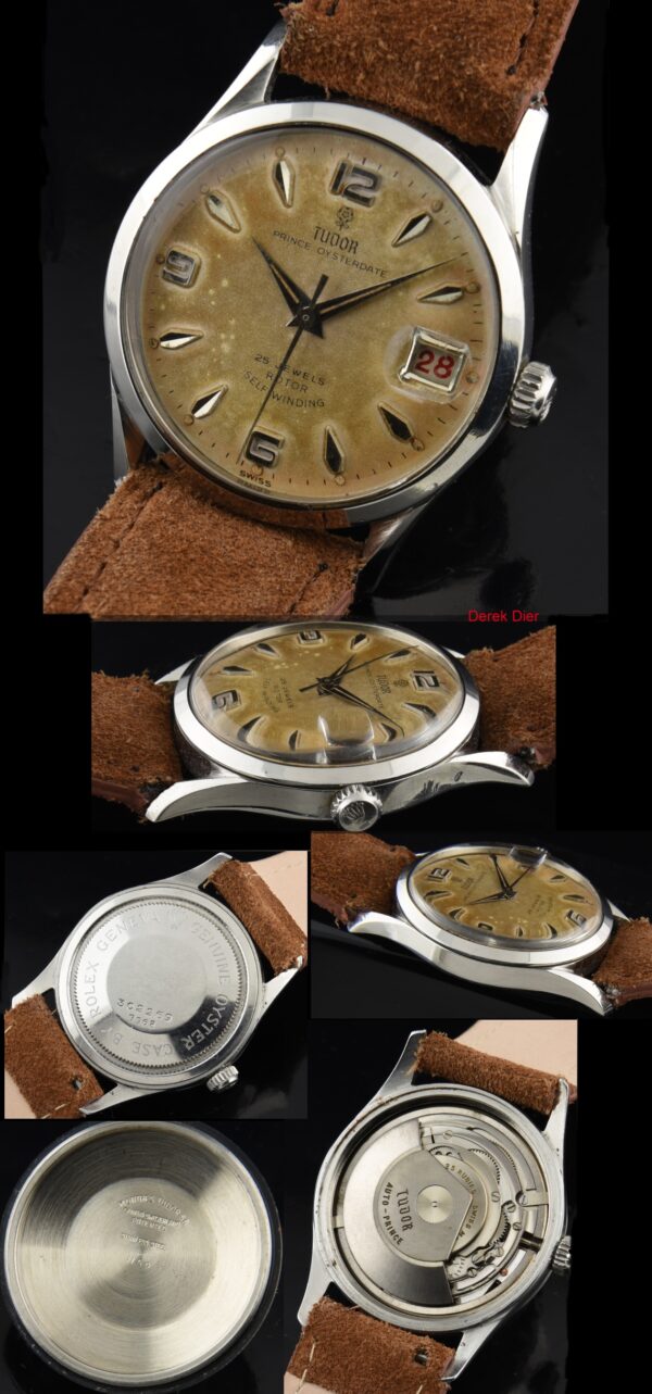 1959 Tudor 33mm Oyster stainless steel watch with original dial, roulette date feature, Rolex case, and cleaned automatic winding movement.