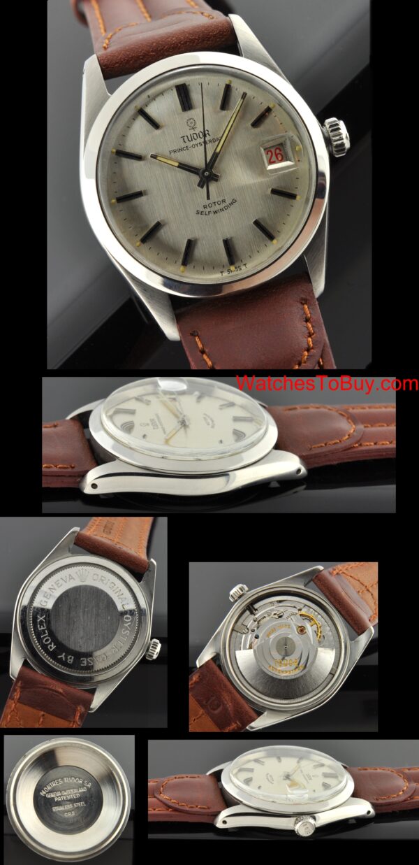 1960s Tudor Prince-Oysterdate stainless steel watch with original silver dial, black inset markers, baton hands, and roulette date feature.