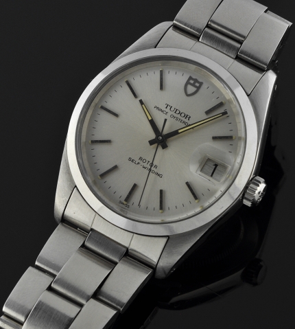 1970s Tudor Prince Oysterdate stainless steel watch with original fairly tight folded bracelet, 34mm case, and rotor self-winding movement.