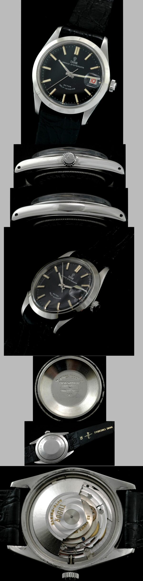 1960 Tudor Prince Oysterdate stainless steel watch with original Rolex case back, glossy black dial, rose insignia, and baton markers.
