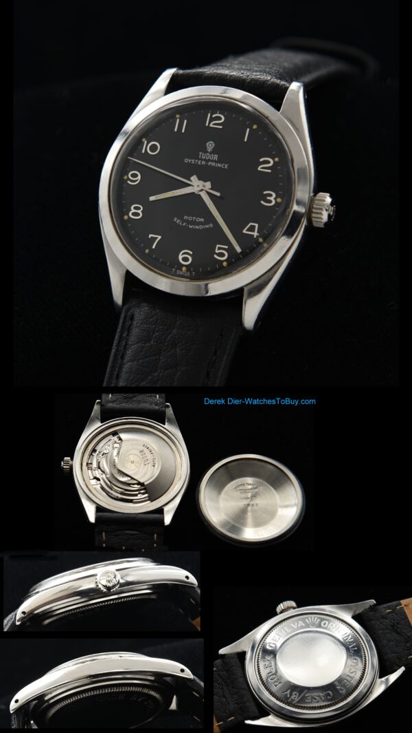 1959 Tudor 34.5mm stainless steel watch with small rose-black glossy silver gilt dial, deep vanilla lume, and raised Arabic numerals.