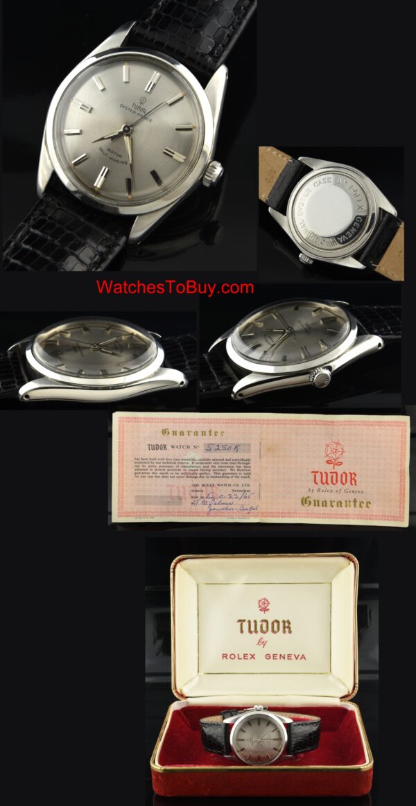 1965 Tudor stainless steel watch with original box, papers, case, pewter dial, Dauphine hands, and accurate automatic winding movement.