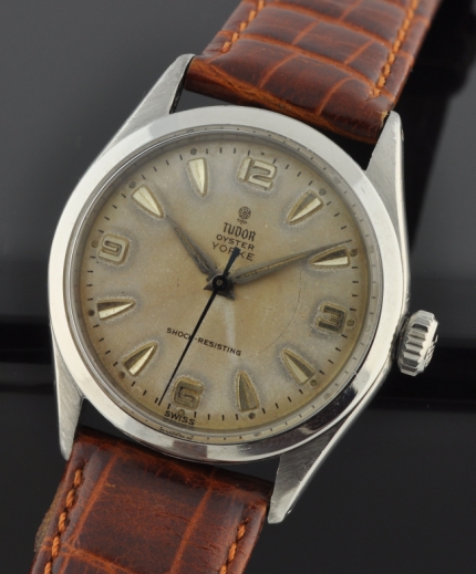Tudor Oyster Yorke stainless steel watch with original Explorer dial, arrow markers, Dauphine hands, dial, and blued steel second hand.