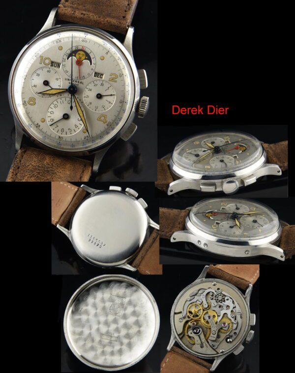 1945 Universal Geneve Tri-Compax stainless steel chronograph watch with original pushers, restored dial, and recently serviced movement.