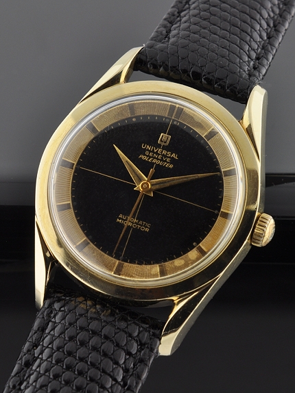 1960s Universal Geneve Polerouter gold-capped watch with original case, two-tone dial, Dauphine hands, crown, and micro-rotor movement.