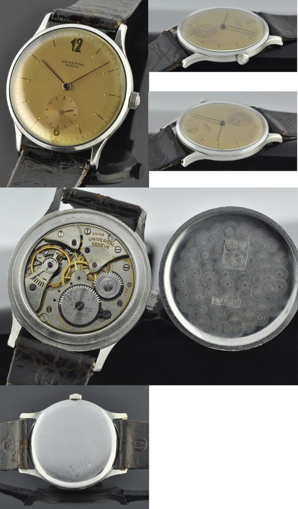 1950s Universal Geneve stainless steel watch with original champagne-toned dial, needle hands, winding crown, and manual winding movement.