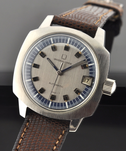 1970s Universal Geneve stainless steel watch with original hang tag, crown, buckle, and cleaned micro-rotor automatic winding movement.