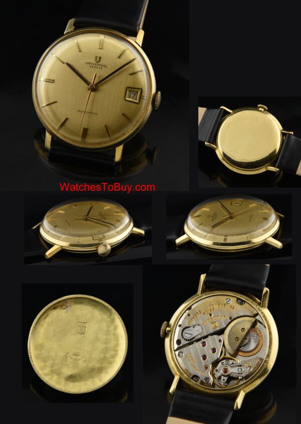 1960s Universal Geneve 18k solid-gold watch with original dial, raised markers, pencil hands, case, and caliber 69 micro-rotor movement.