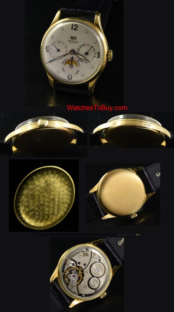 1950s Universal Geneve Triple Date Moonphase 14k solid-yellow-gold watch with original diamond hands, case, and caliber 291 manual movement.