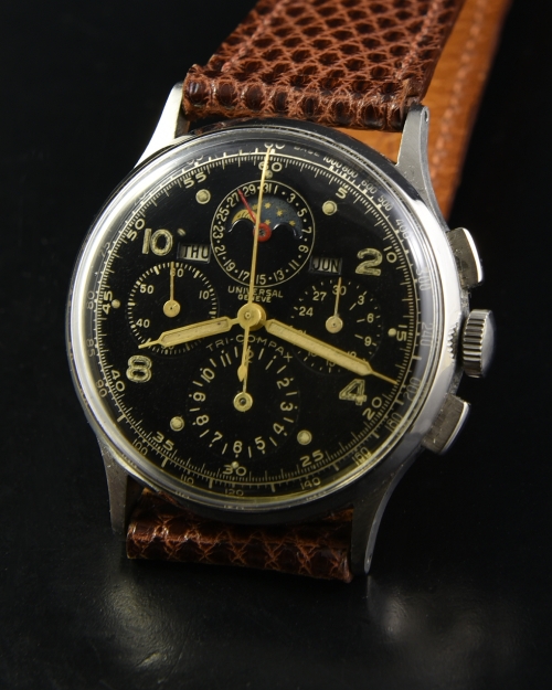 1950s Universal Geneve Tri-Compax stainless steel chronograph watch with original case, triple-date moonphase, and manual winding movement.