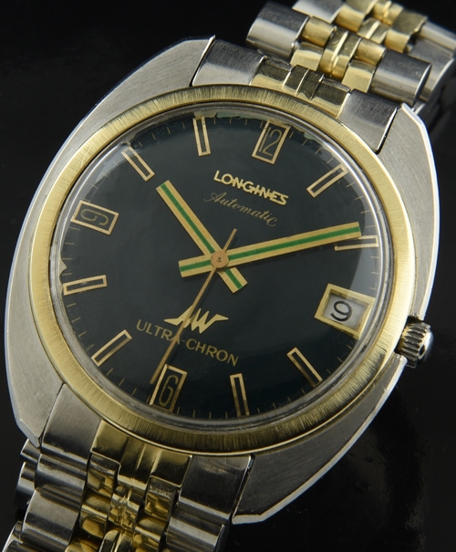 1960s Longines Ultra-Chron stainless steel watch with original 14k gold-capped bezel, two-tone bracelet, and caliber 431 high-beat movement.
