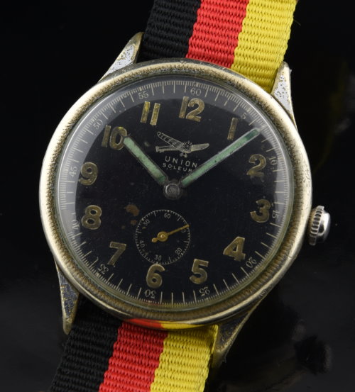 German Lutwaffe Union Soleure stainless steel WW2-era pilot's watch with original glossy black dial, and manual winding Swiss movement.