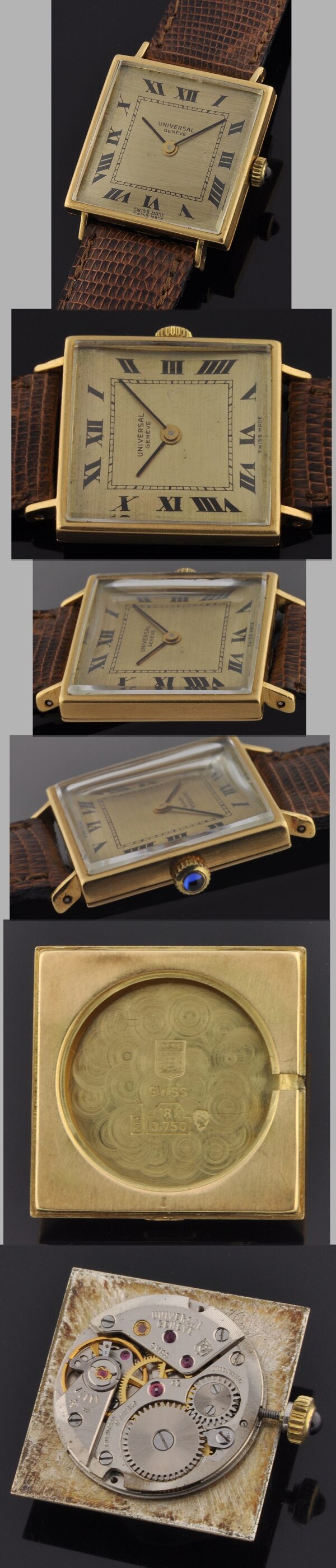 1960s Universal Geneve 18k solid-yellow-gold men's watch with original square-shaped case measuring 25.5mm wide and 6mm thick.