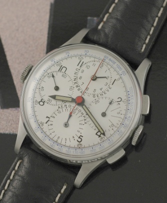 Look at this very hard-to-find Universal Geneve Aero Compax chronograph in a 36mm stainless steel case.