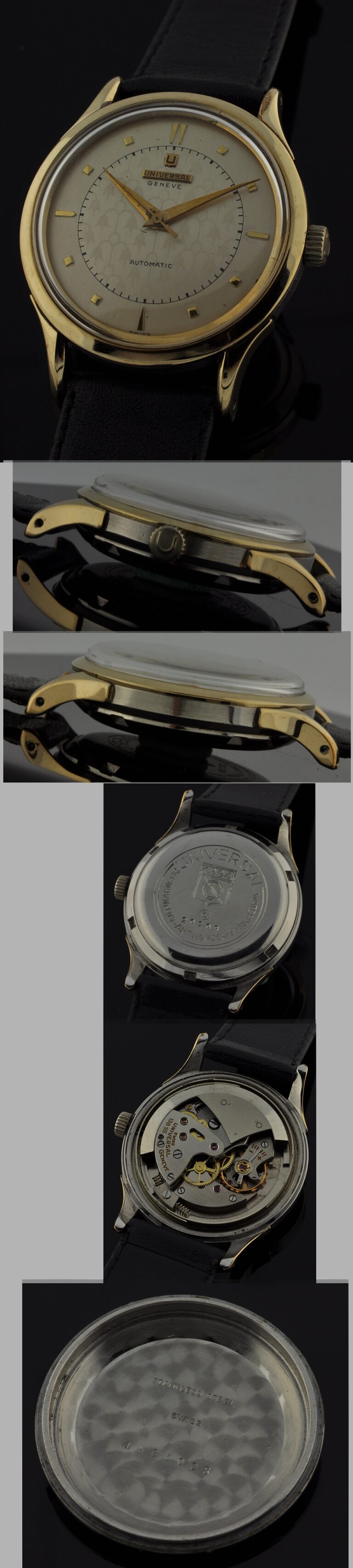 1960s Universal Geneve gold-capped watch with original two-tone case, flared lugs, bellflower-motif dial, winding crown, and name plate.