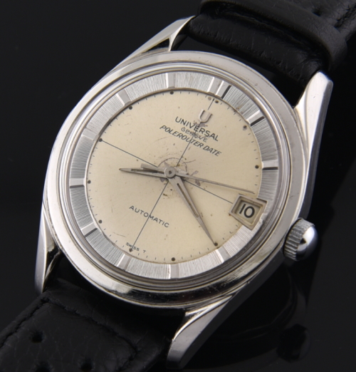 1960s Universal Geneve 35.25mm Polerouter steel watch with original marked-up dial, lyre lugs, and recently serviced high-quality movement.