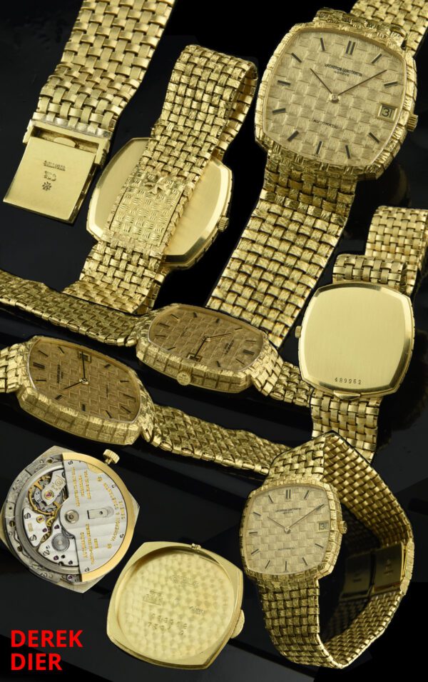1970s Vacheron Constantin 18k solid-gold watch with original basket-weave bracelet/dial, handset, and caliber K1120 rhodium-plated movement.