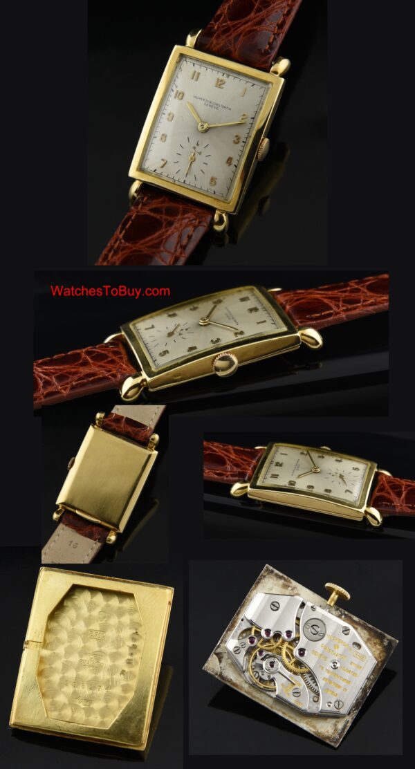 1945 Vacheron Constantin 18k solid-gold watch with original rectangular case, restored dial, hands, and caliber 435 manual winding movement.