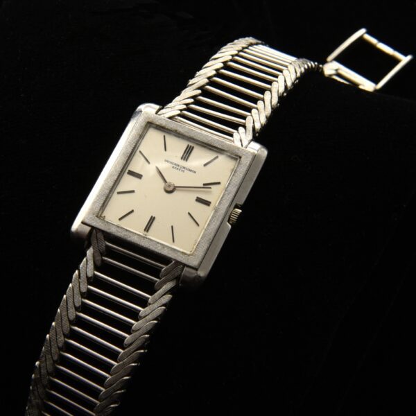1960s Vacheron Constantin 18k white-gold watch with original smaller size, new ladder bracelet, crystal, and thin caliber 1003 movement.