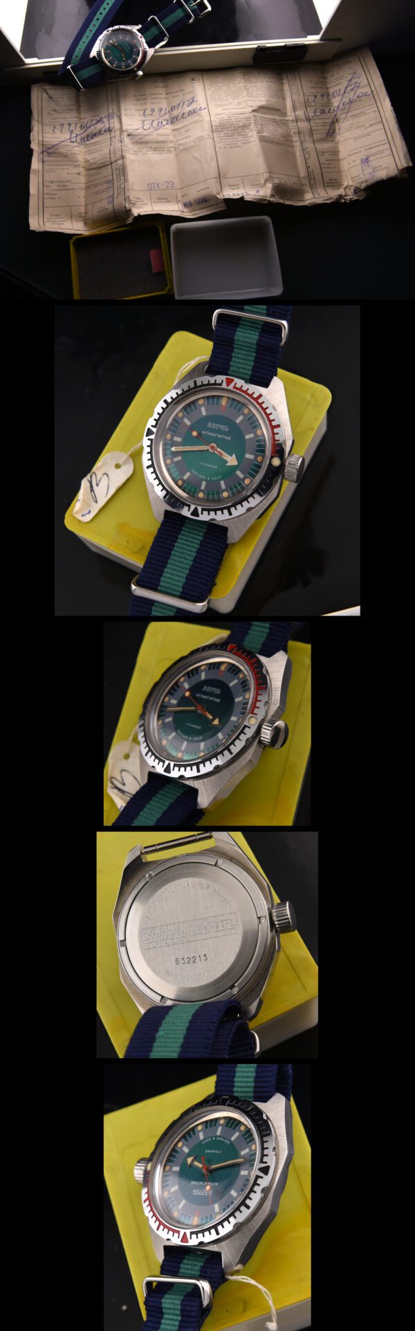 1990 Russian Vostok 42mm Amphibian Submarine stainless steel dive watch with original green dial, papers/box, and manual winding movement.
