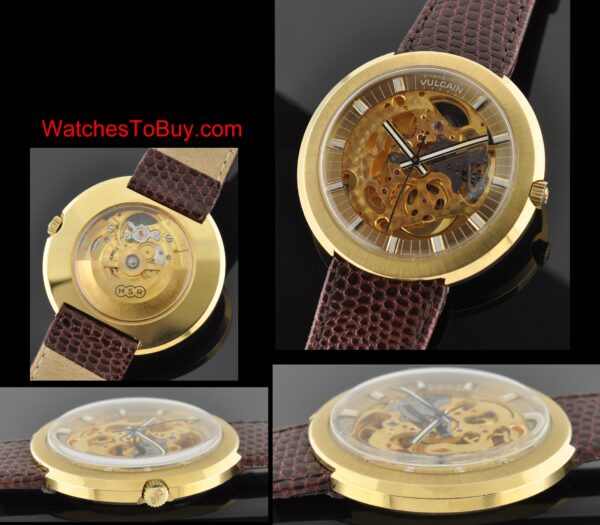 1960s Vulcain gold-plated oversized skeleton watch with original see-through case, signed crystal, and cleaned automatic winding movement.