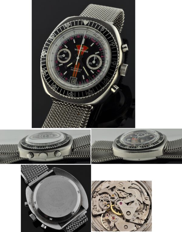 1960s Wakmann stainless steel chronograph watch with original case, turning bezel, dial, chainmail-style bracelet, and Valjoux movement.