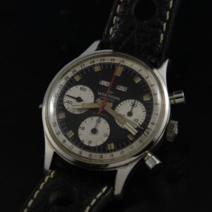 Wakmann Triple Date 37mm chronograph stainless steel watch with original panda dial, lume, and Valjoux 72C manual winding movement.