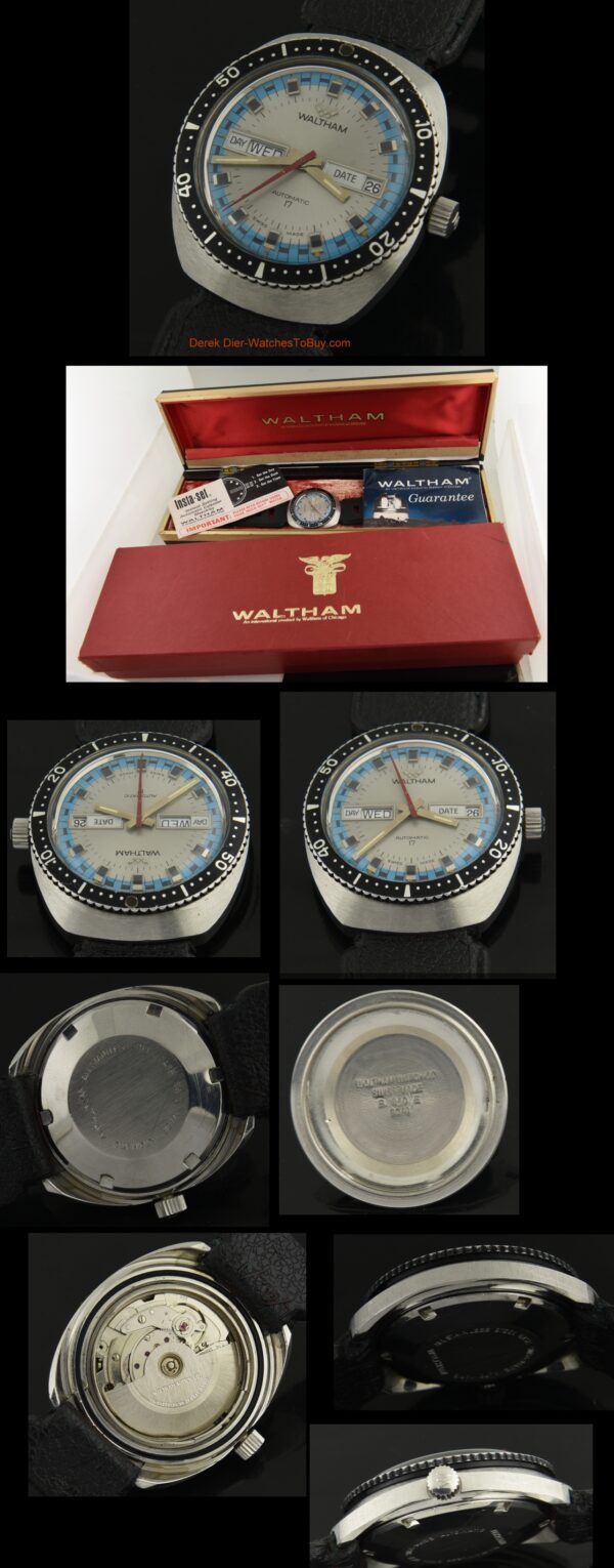 1970s Waltham 37mm 'Diver Andrew' stainless steel watch with original box, papers, multi-coloured dial, winding crown, and Tropic strap.