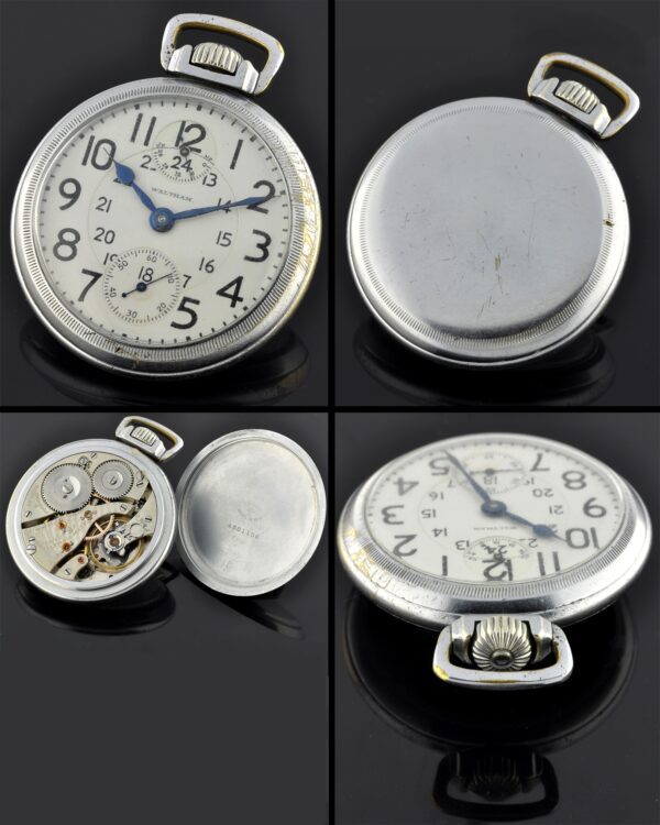 1915 Waltham Crescent nickel-silver pocket watch with original up/down indicator, porcelain dial, case, spade hands, and cleaned movement.