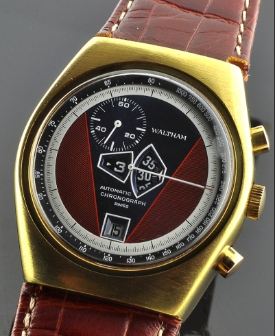 1970s Waltham gold-plated direct-read chronograph watch with original case, V-patterned dial, white seconds hand, and automatic movement.