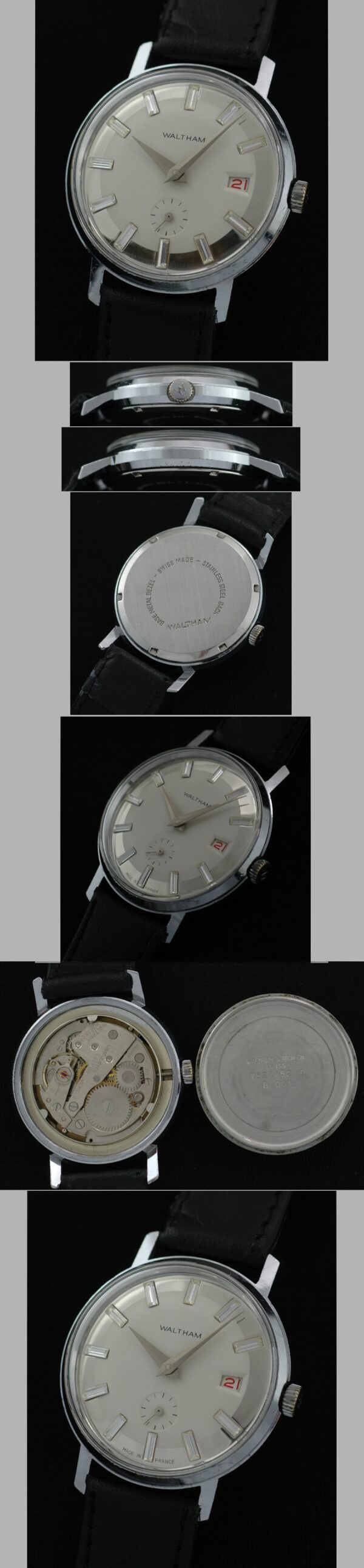 1960s Waltham stainless steel watch with original mirror-edge dial, roulette date, Dauphine hands, sweep seconds, and clean manual movement.