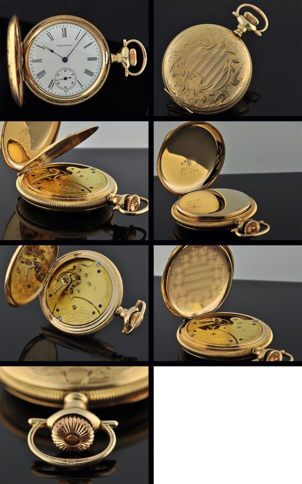 1913 Waltham gold-filled pocket watch with original double-hunter coin-edge case, enamel dial, hands, and cleaned manual winding movement.