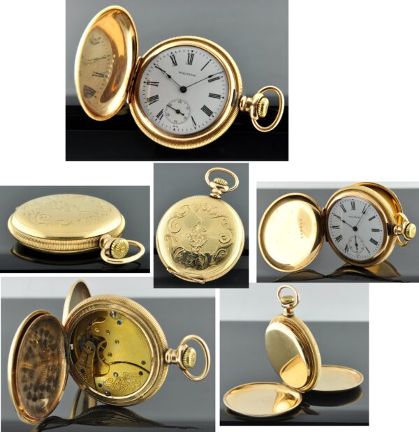 1902 Waltham gold-filled pocket watch with original decorated double-hunter case, porcelain dial, blued hands, and manual winding movement.