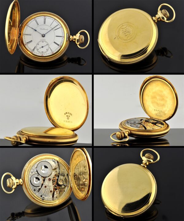 1900 Waltham solid-gold pocket watch with original dial, detailed damaskeening, and cleaned, accurate 21-jewel manual winding movement.
