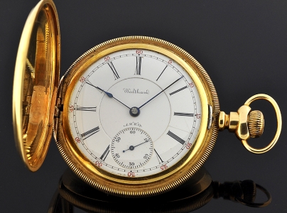 1900 Waltham solid-gold pocket watch with original dial, detailed damaskeening, and cleaned, accurate 21-jewel manual winding movement.