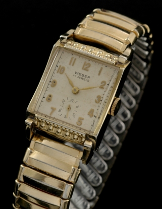 1950s Weber Swiss-made gold-filled watch with original steel-back case, beaded bezel, stretch bracelet, and cleaned manual winding movement.