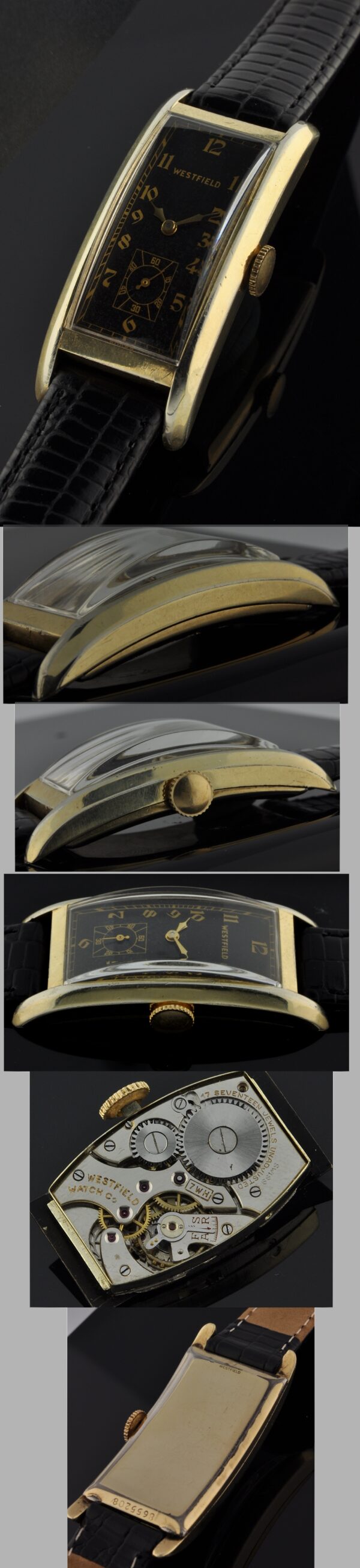 1930s Westfield elongated gold-filled watch with original signed case, deep-black dial, leather band, and manual winding Bulova movement.