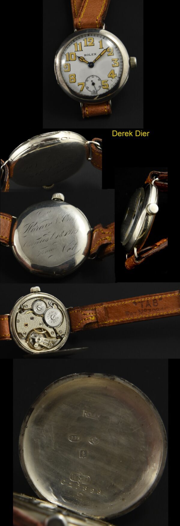 1914 Rolex sterling silver WW1-era trench watch with original hinged case, porcelain dial, hands, and recently cleaned, signed movement.