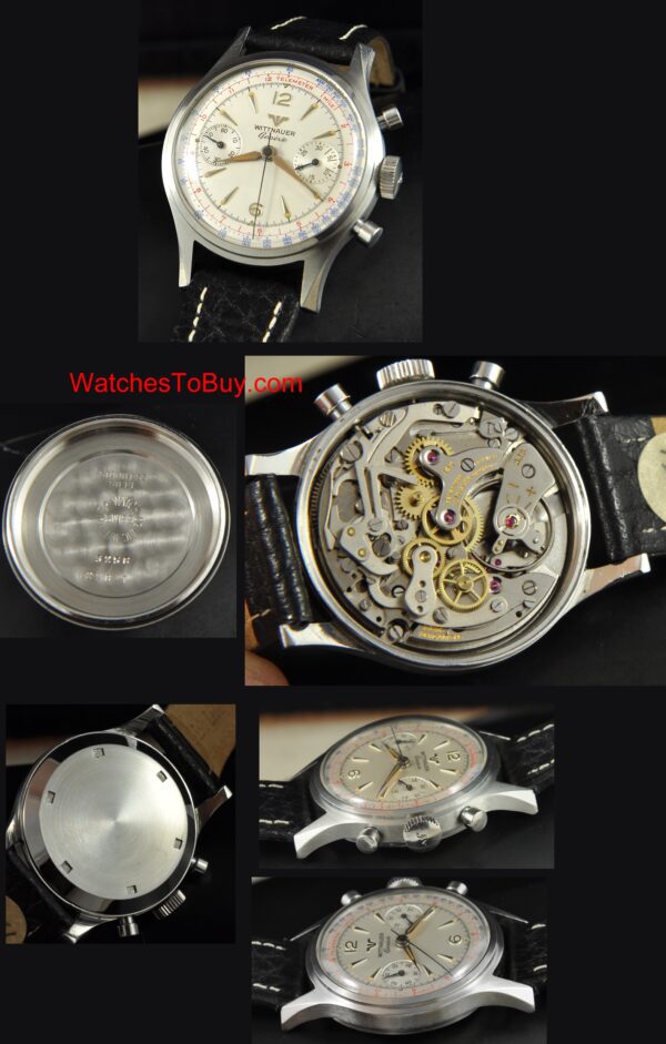 1950s Wittnauer Geneve stainless steel chronograph watch with original chamfered lugs, multi-coloured dial, and 14Y manual winding movement.