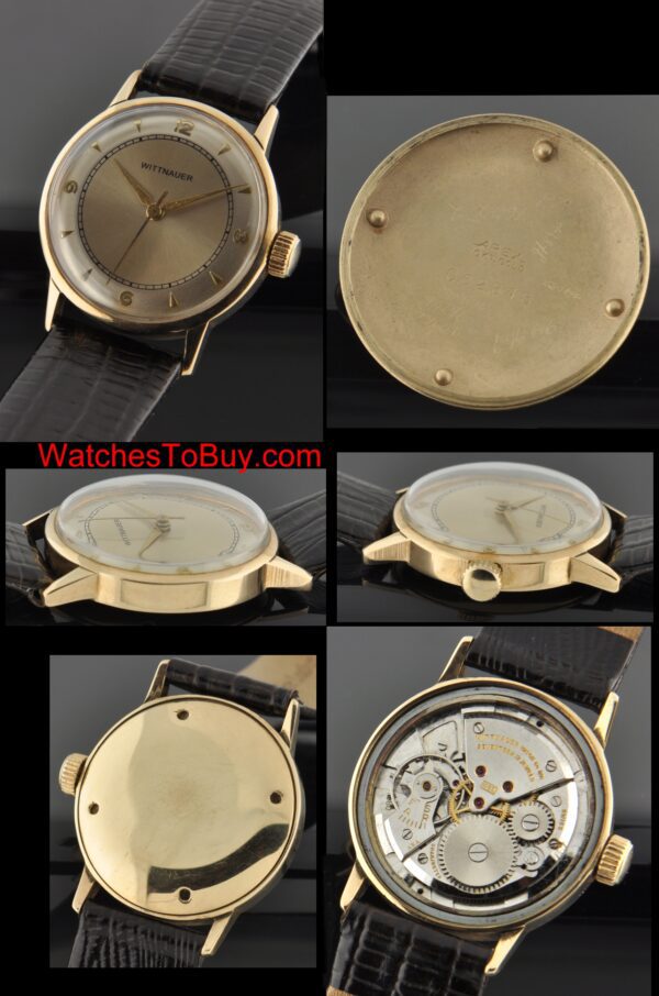 1950s Wittnauer 10k solid-gold watch with original restored two-tone dial, diamond-shaped markers, Dauphine hands, and manual movement.