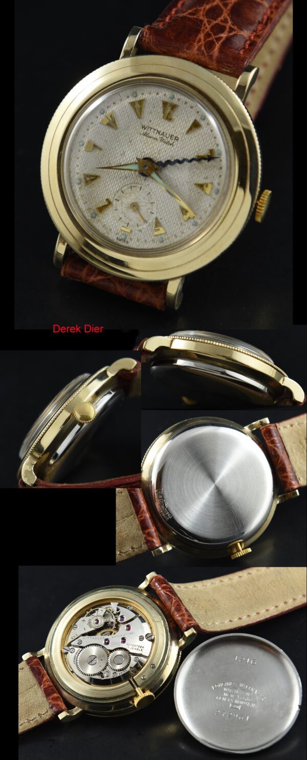 1960s Wittnauer 36mm 10k gold-filled bezel-set alarm watch with original three-piece case, textured dial, and 10WA manual winding movement.