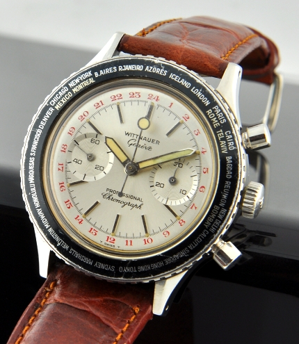 1960s Wittnauer Geneve stainless steel world-time chronograph watch with original screw-back case, 24-hour dial, and Landeron 248 movement.