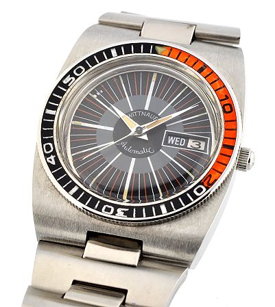 1970s Wittnauer stainless steel watch with original exotic dial, Tudor-Monaco colours, case, bracelet, and clean automatic winding movement.
