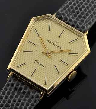 Wittnauer 'Grasshopper' gold-filled watch with original hexagonal case, stainless steel back, textured dial, and manual winding movement.