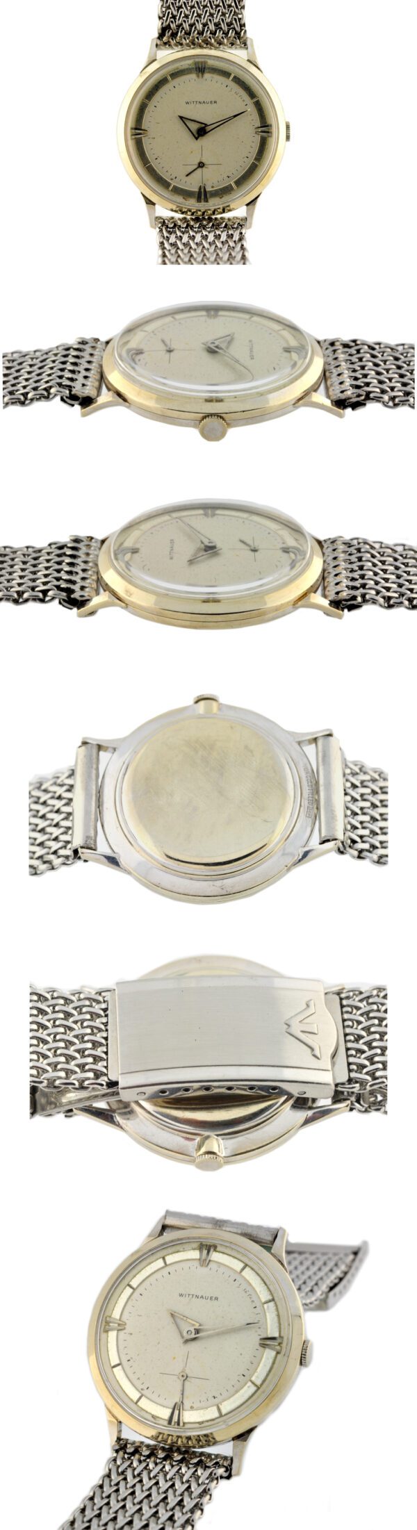 1950s Wittnauer white-gold-filled watch with original case, two-tone dial, arrow markers, hands, and cleaned manual winding Swiss movement.