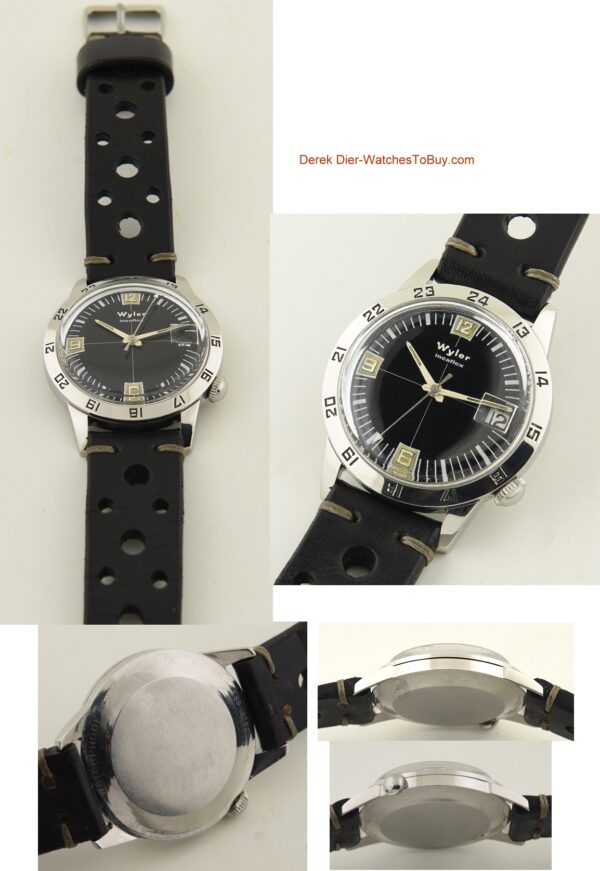 Vintage Wyler Incaflex stainless steel dive watch with original gold/silver gilt printing, signed bubble-date crystal, and 24-hour bezel.