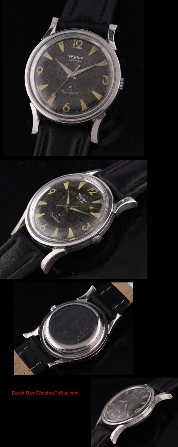 1950s Wyler Incaflex Dynawind stainless steel watch with original extended lugs, sword hands, aged black dial, and ETA automatic movement.